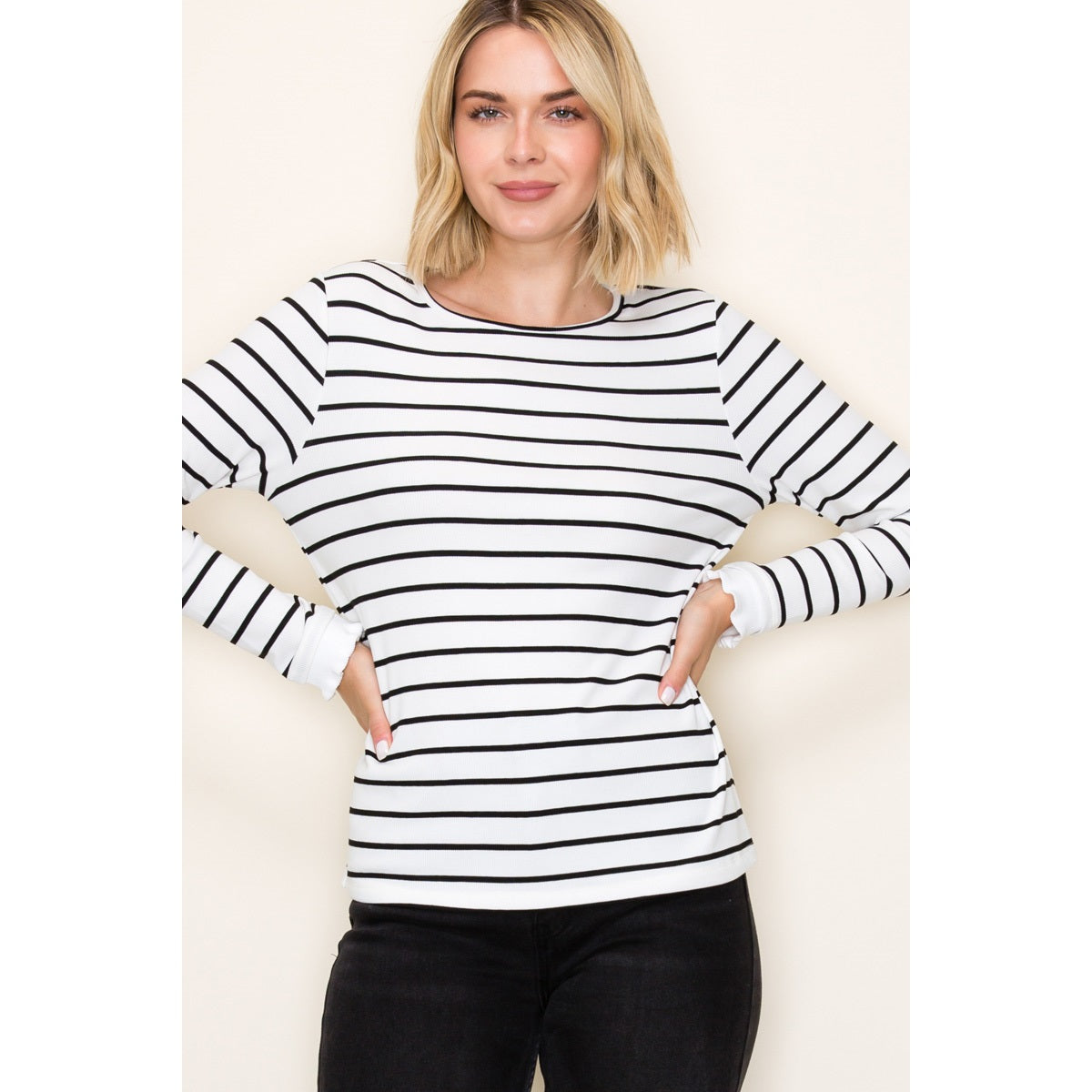 Ruffle Hem Crew Neck Striped Top