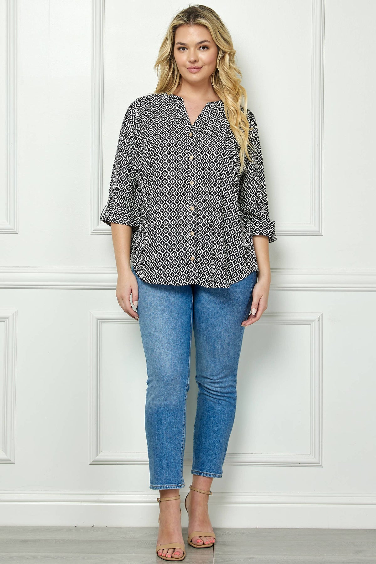 Mandarin Collar Plaket Blouse (Plus Size)