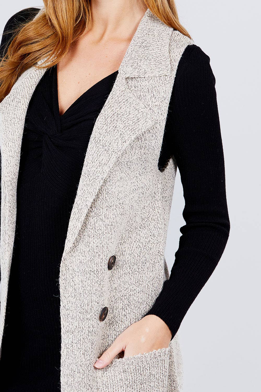 Sleeveless Notched Collar Long Sweater Vest