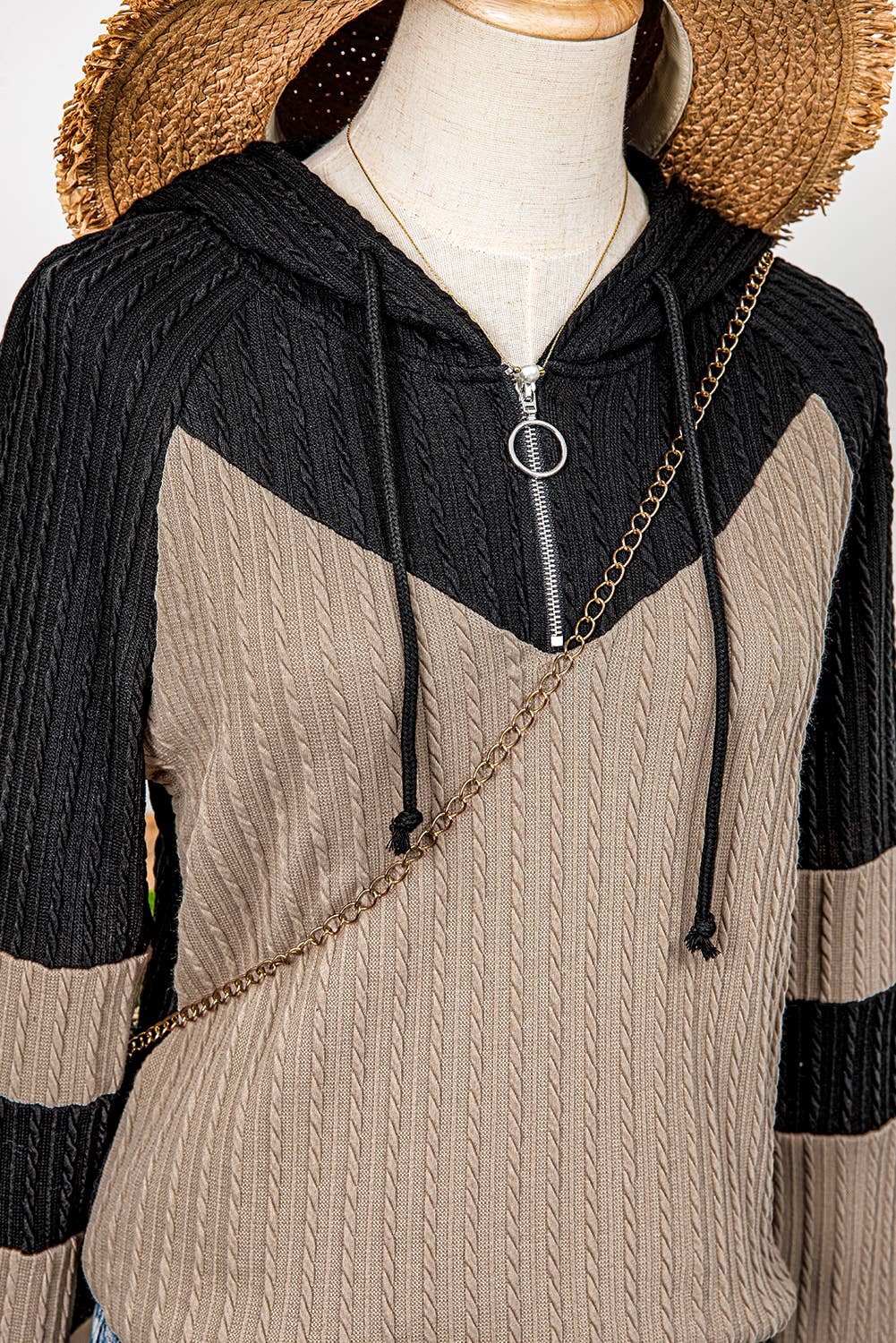 Textured Color Block Quarter Zip Drawstring Hooded Top