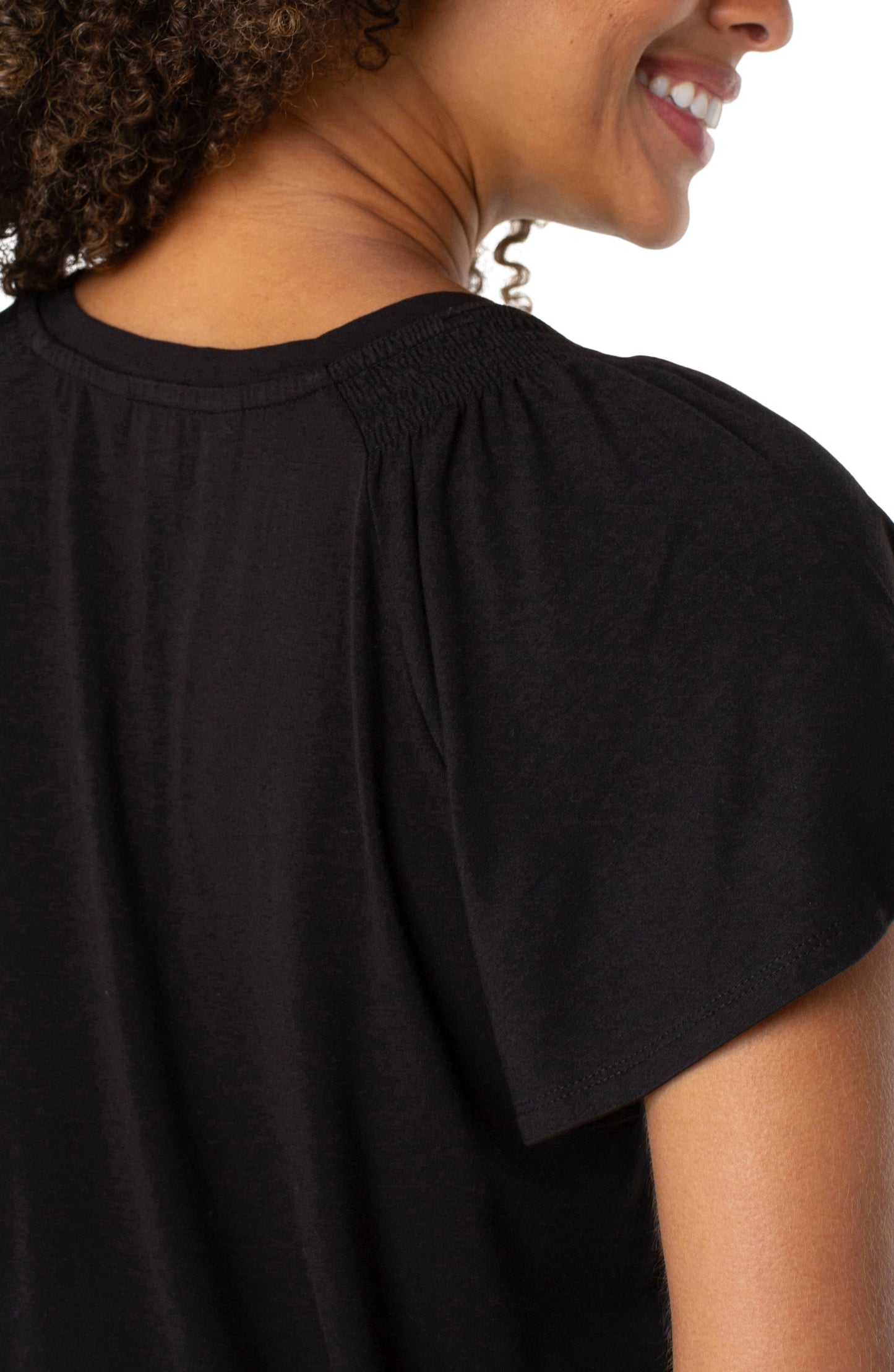 Liverpool Short Flutter Sleeve V Neck Knit Top (Black)