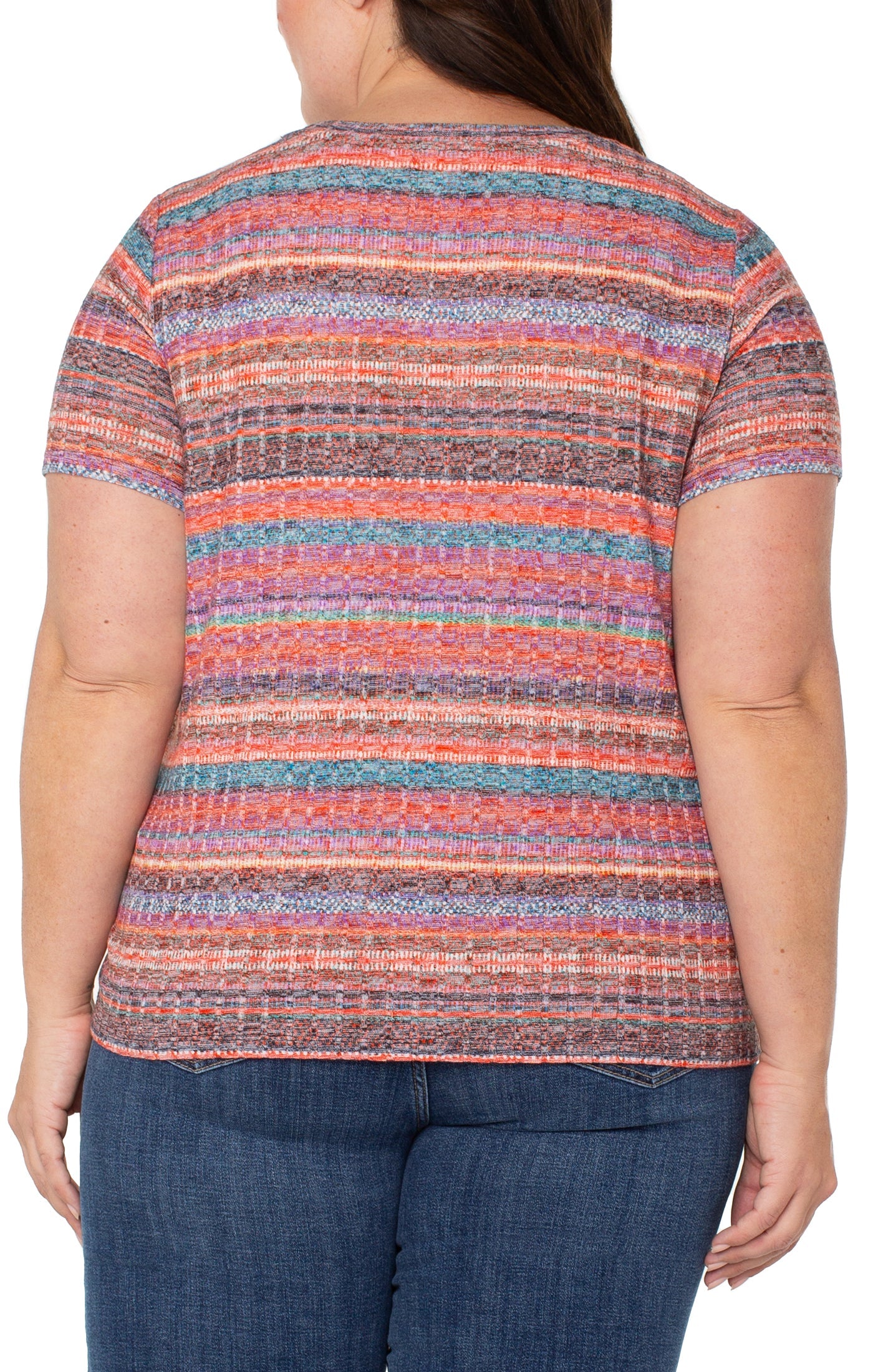 Liverpool Short Sleeve Scoop Neck Knit Top w/ Miter Front in Paradise Multi Stripe Plus Size Back