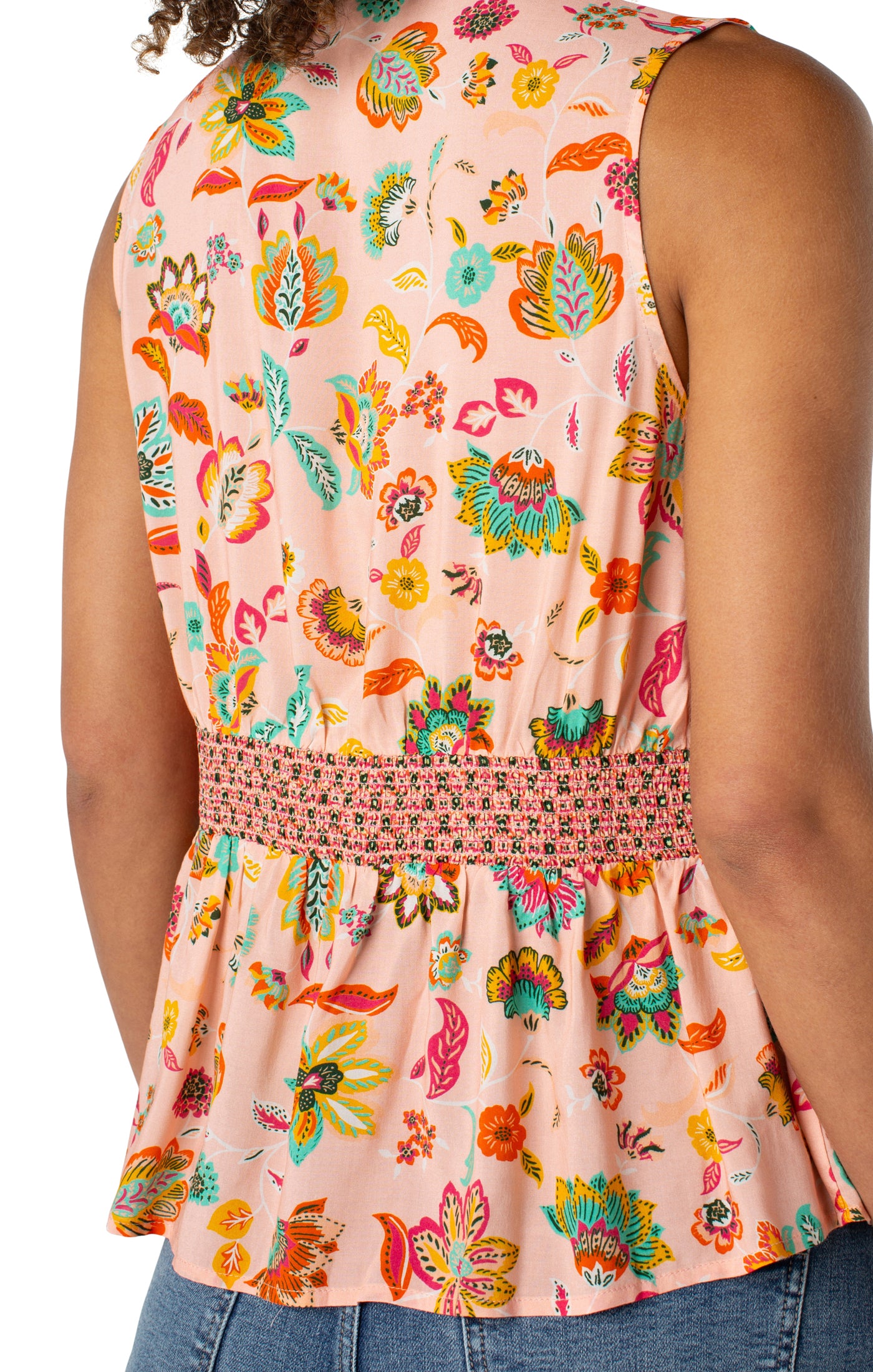 Liverpool Sleeveless Woven Top w Smocked Waist Back Close Up