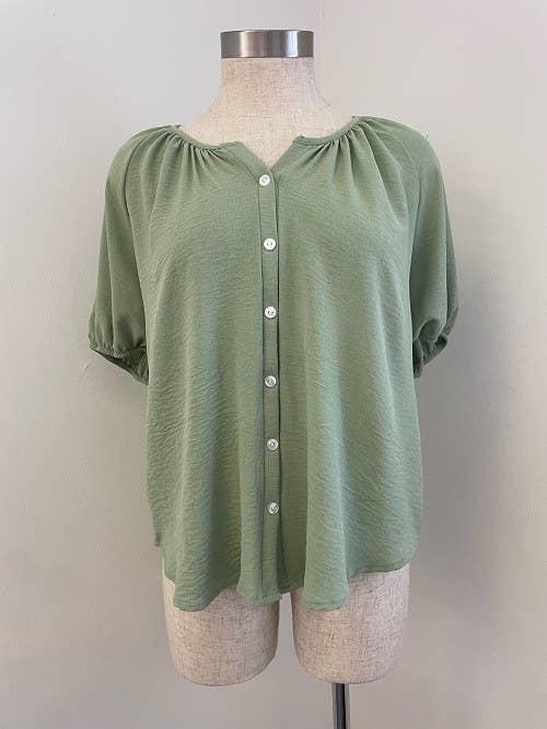 Plus Size Button Blouse with Puff Sleeves