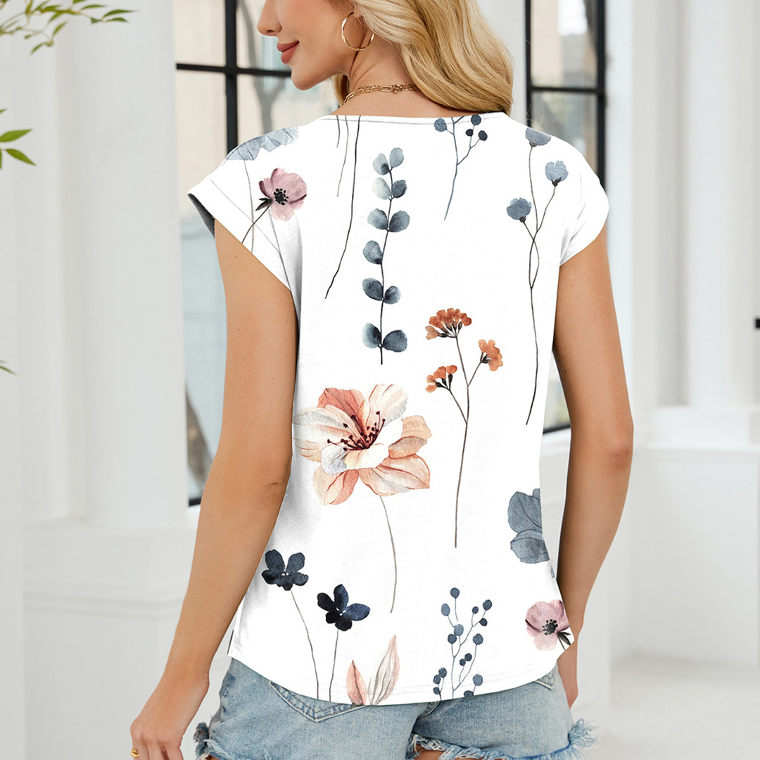 Printed Crew Neck Striped Loose Short Sleeve Top (Floral)