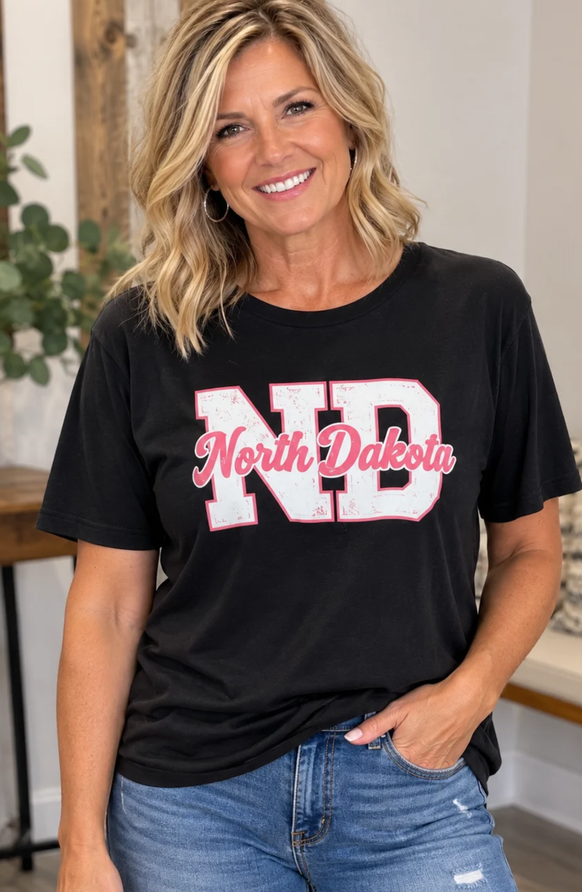 North Dakota Short Sleeve T-Shirt with Pink Outline