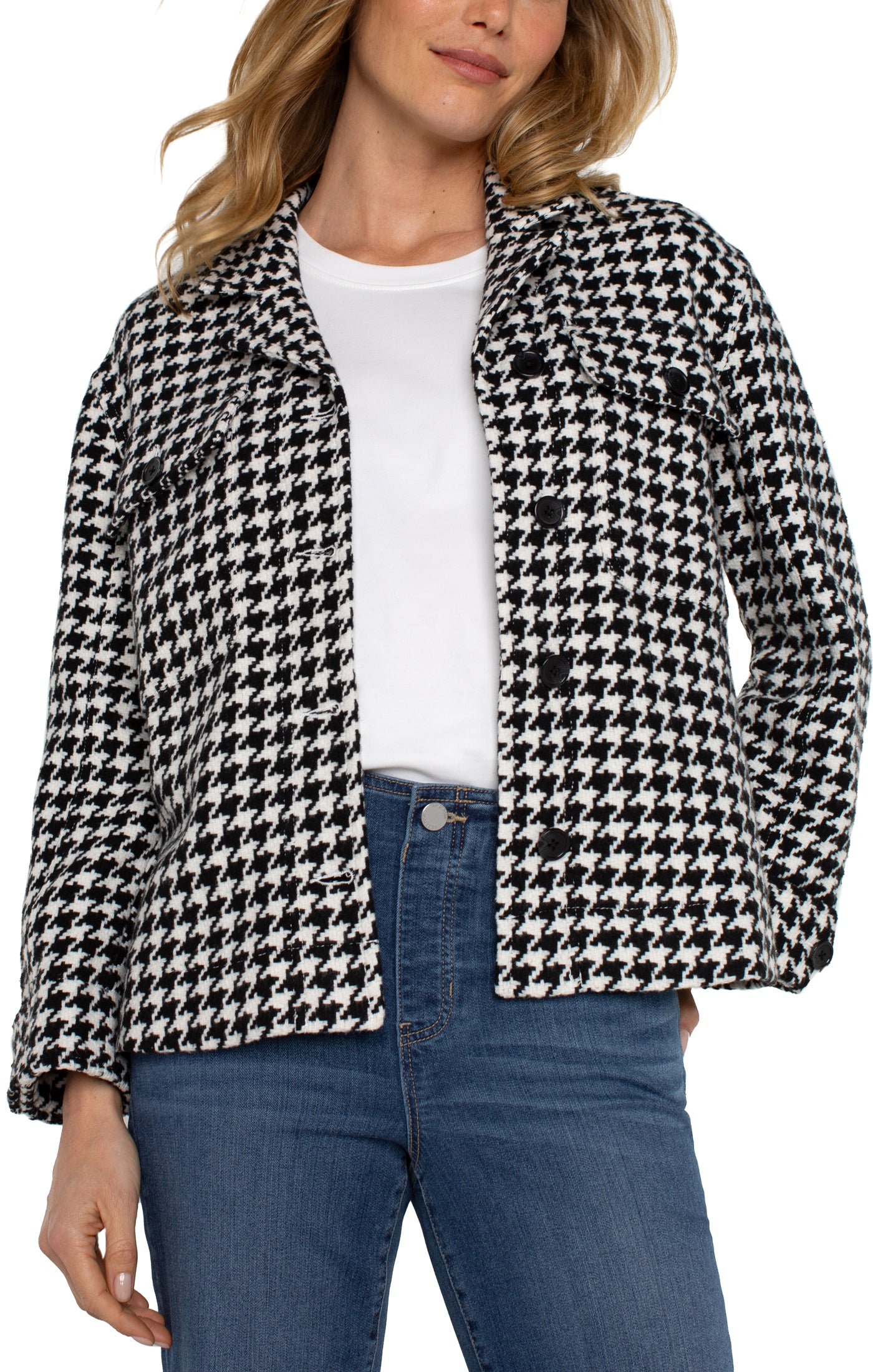 Liverpool Boxy Shacket w/ Side Slits (Black/White Houndstooth