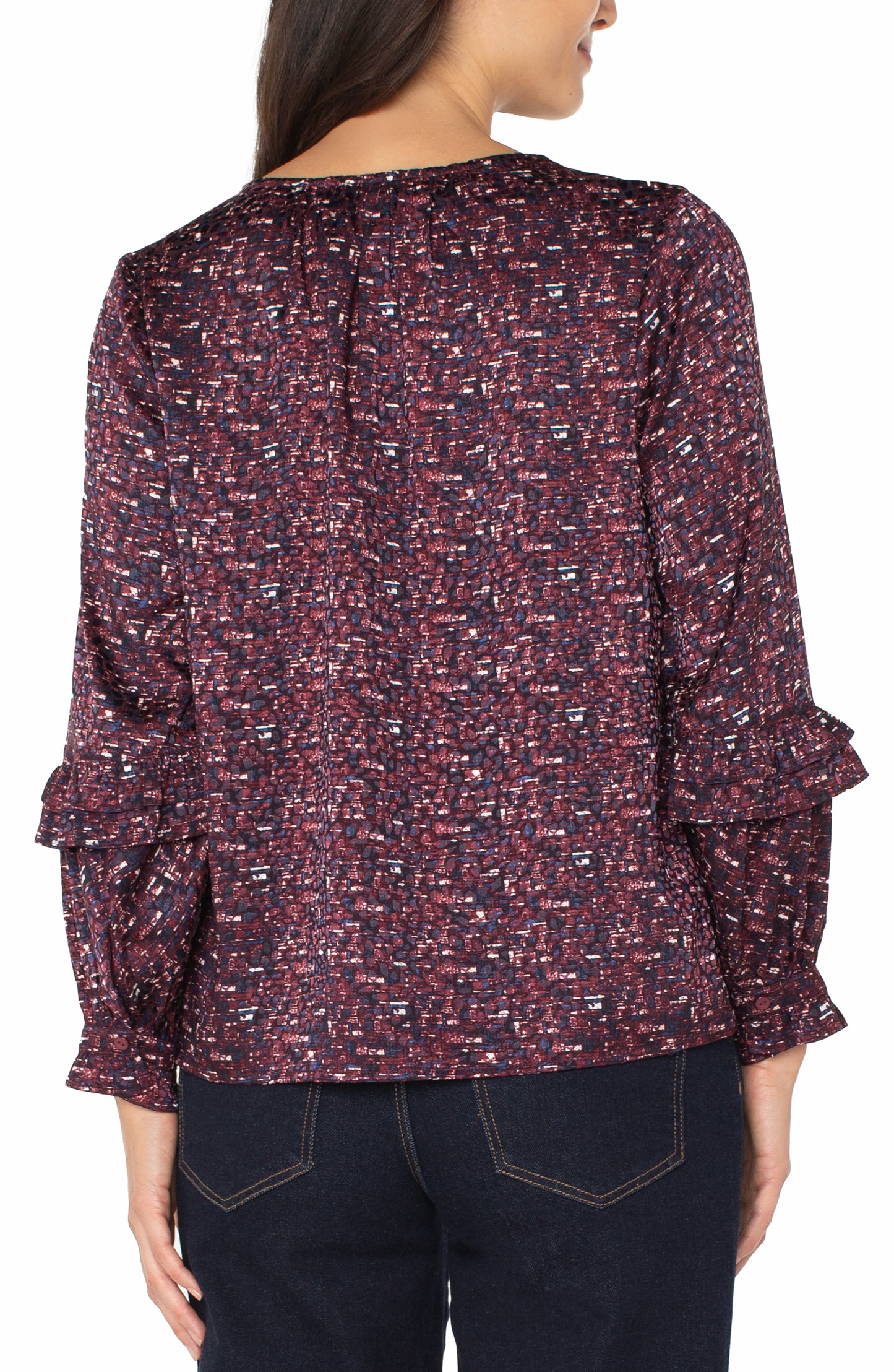 Liverpool Long Sleeve Woven Blouse with Ruffles (Burgundy Multi)