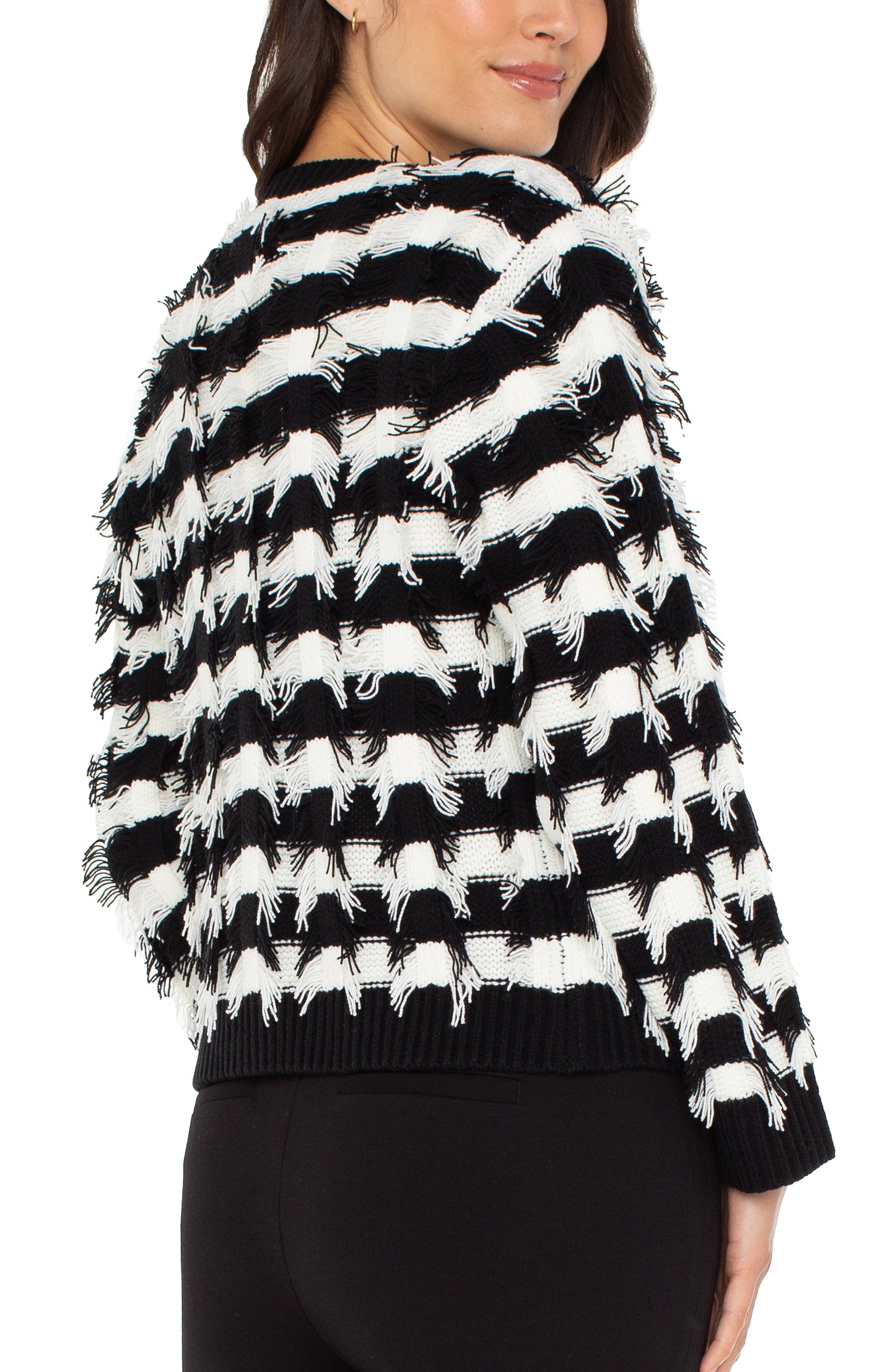 Liverpool Long Sleeve Cardigan Sweater (Black White Fringe Stripe)