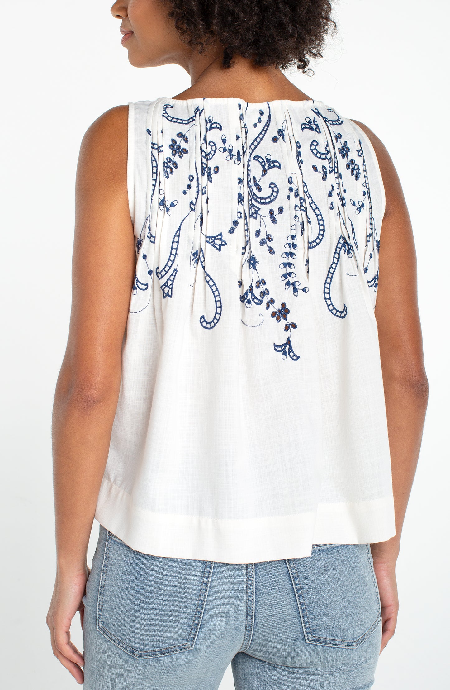 Liverpool Sleeveless Boatneck Woven Top W/ Pintucks