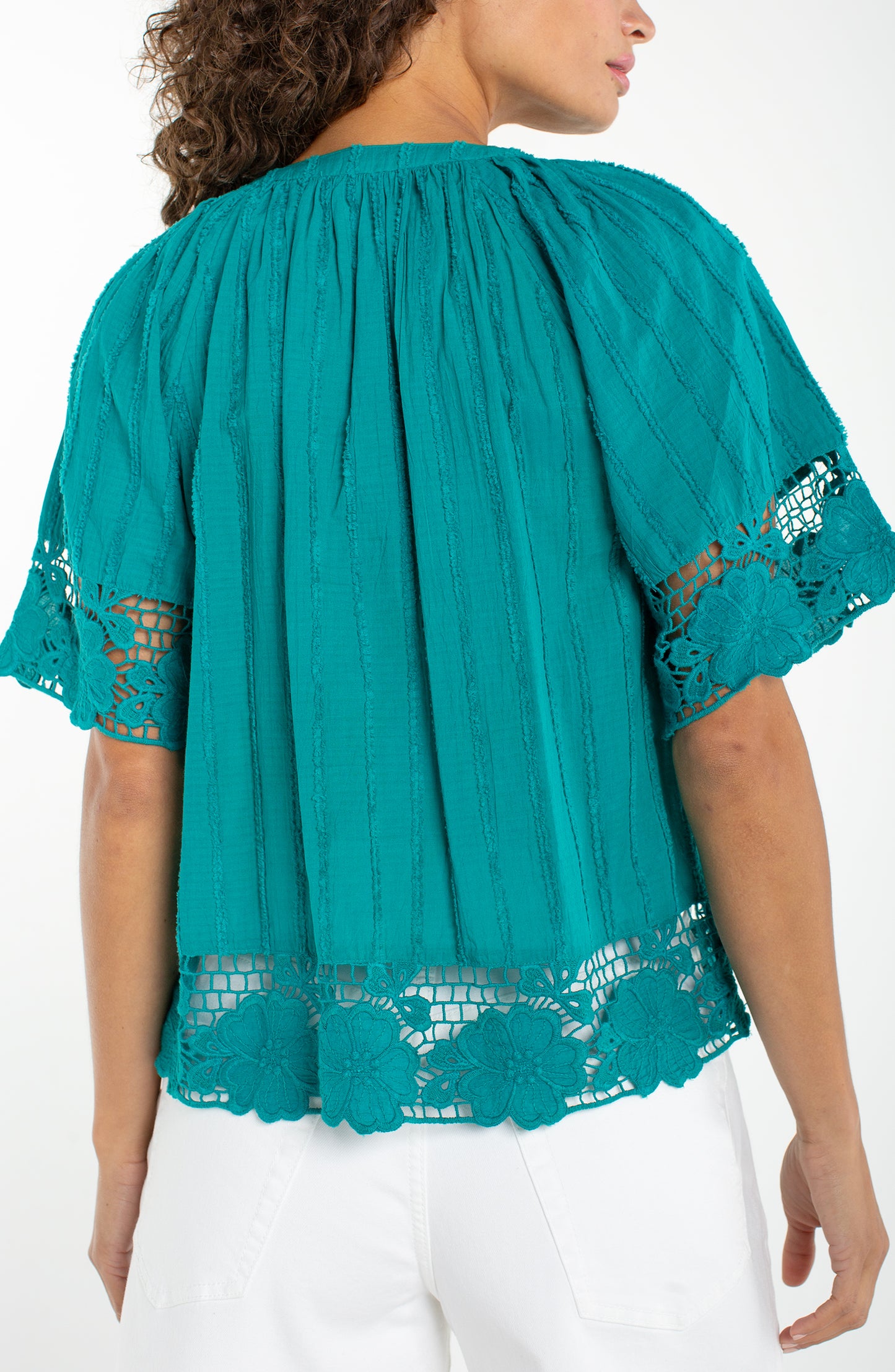 Liverpool Short Sleeve Woven Top W/ Lace