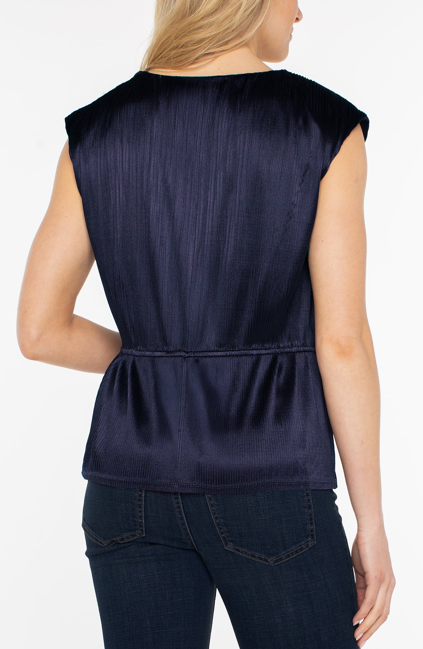 Liverpool Short Sleeve Dolman V-neck Peplum Knit Top (Navy)
