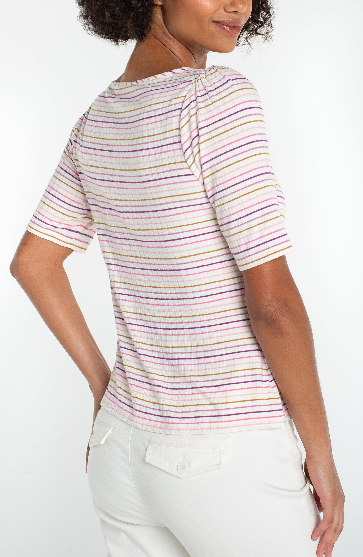 Liverpool 1/2 Sleeve Sweetheart Knit Top (Cream Pink Stripe)