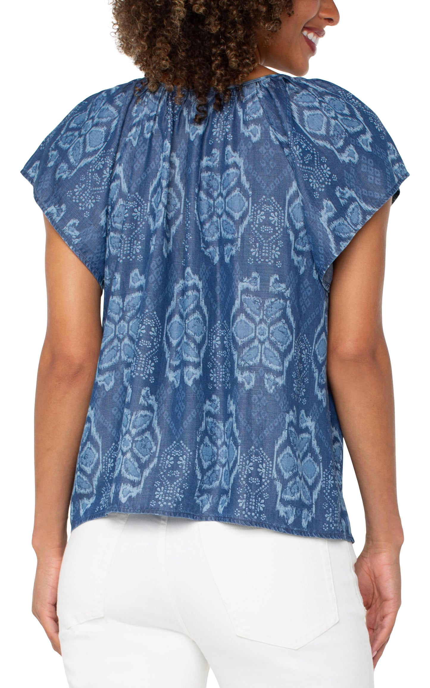Liverpool Flutter Sleeve Woven Top w/ Front Tie Detail (Tribal Allover)