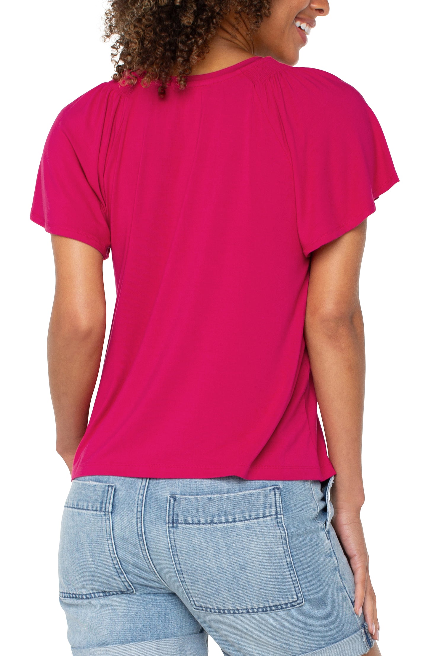 Liverpool Short Flutter Sleeve V Neck Knit Top (Cerise)
