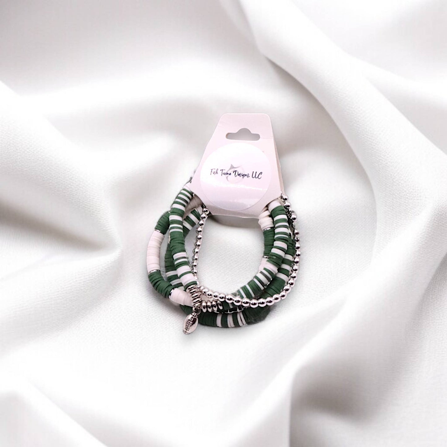 Green and White Game Day Bracelet Stack: Hockey (7 or 8 inch)