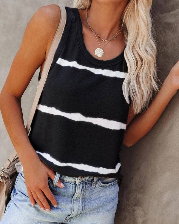 Sleeveless silky tank with white stripes
