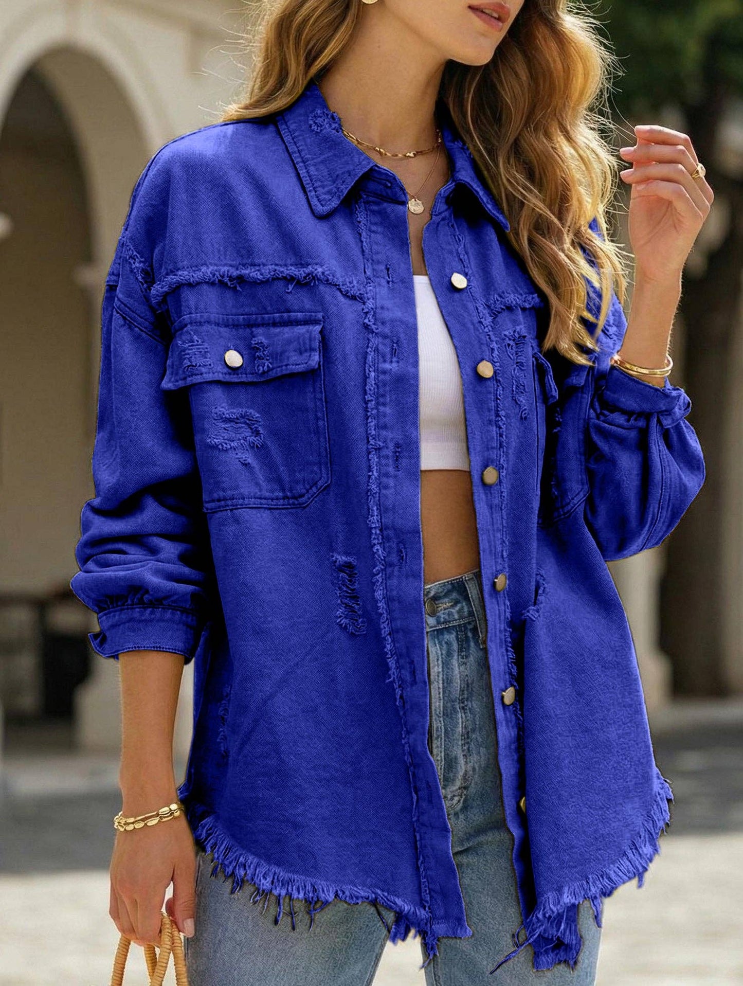 Denim Coat with Lapel and Ripped Raw Edge