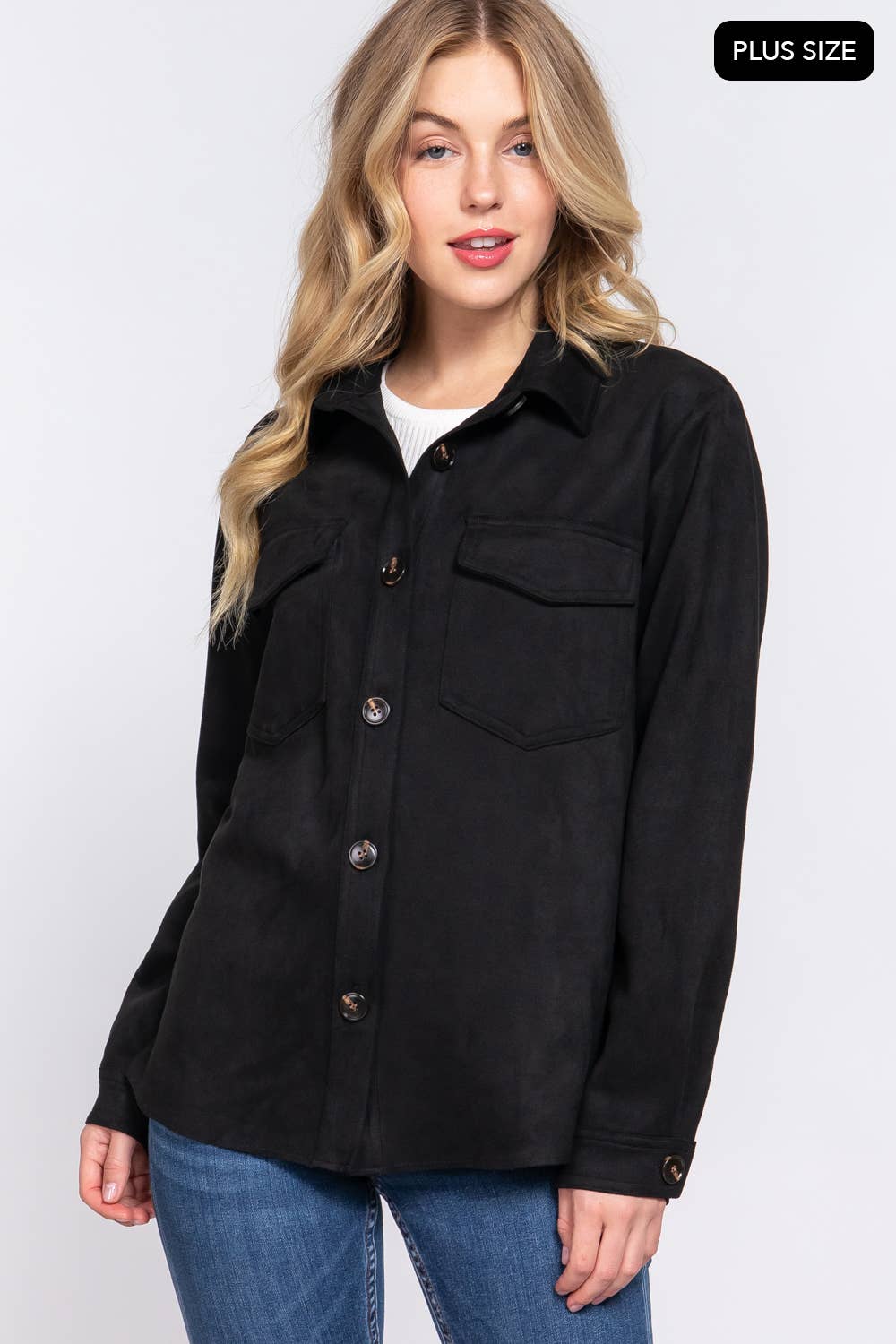 Long Sleeve Loose Fit Faux Suede Shacket (Plus Size)