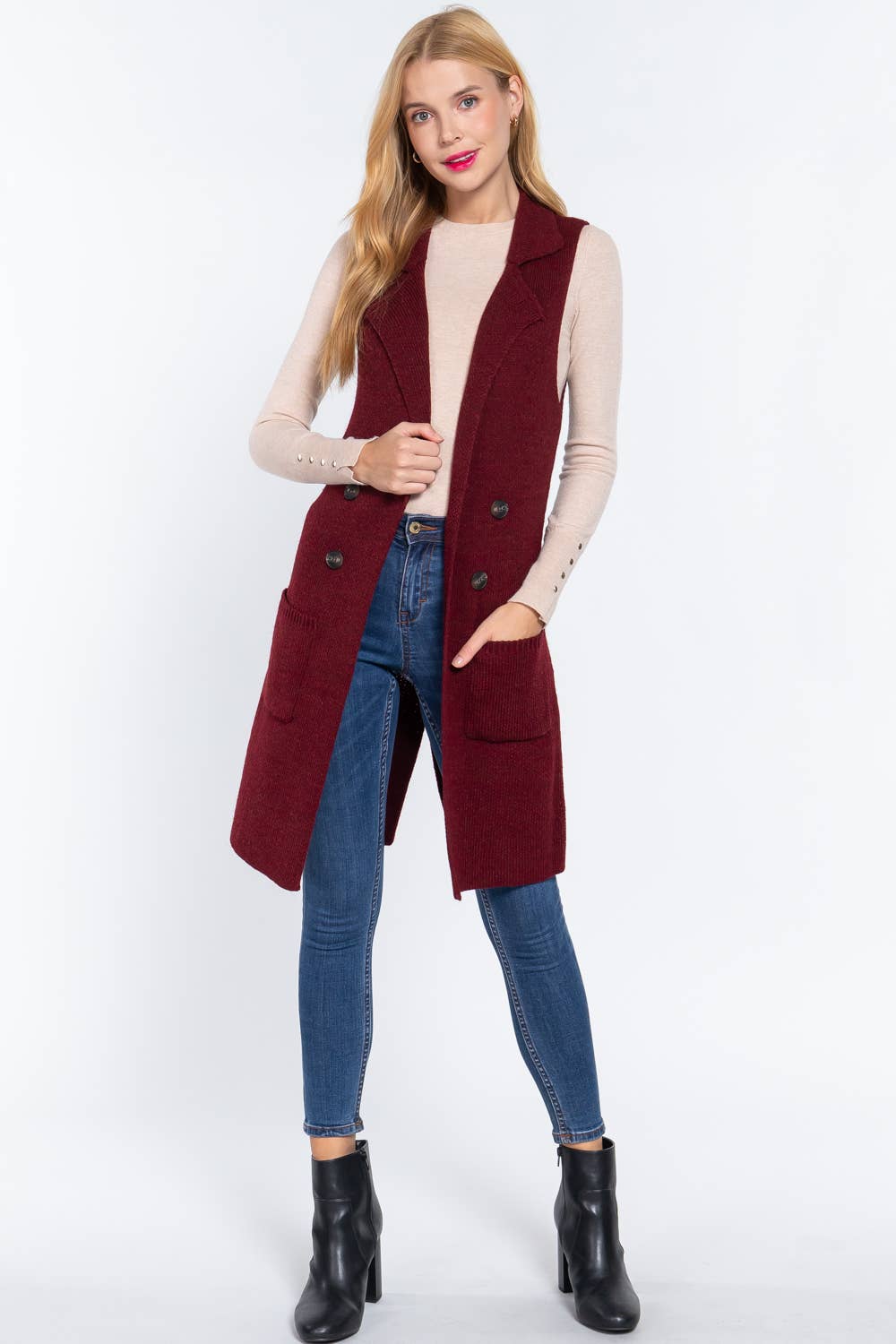 Sleeveless Notched Collar Long Sweater Vest