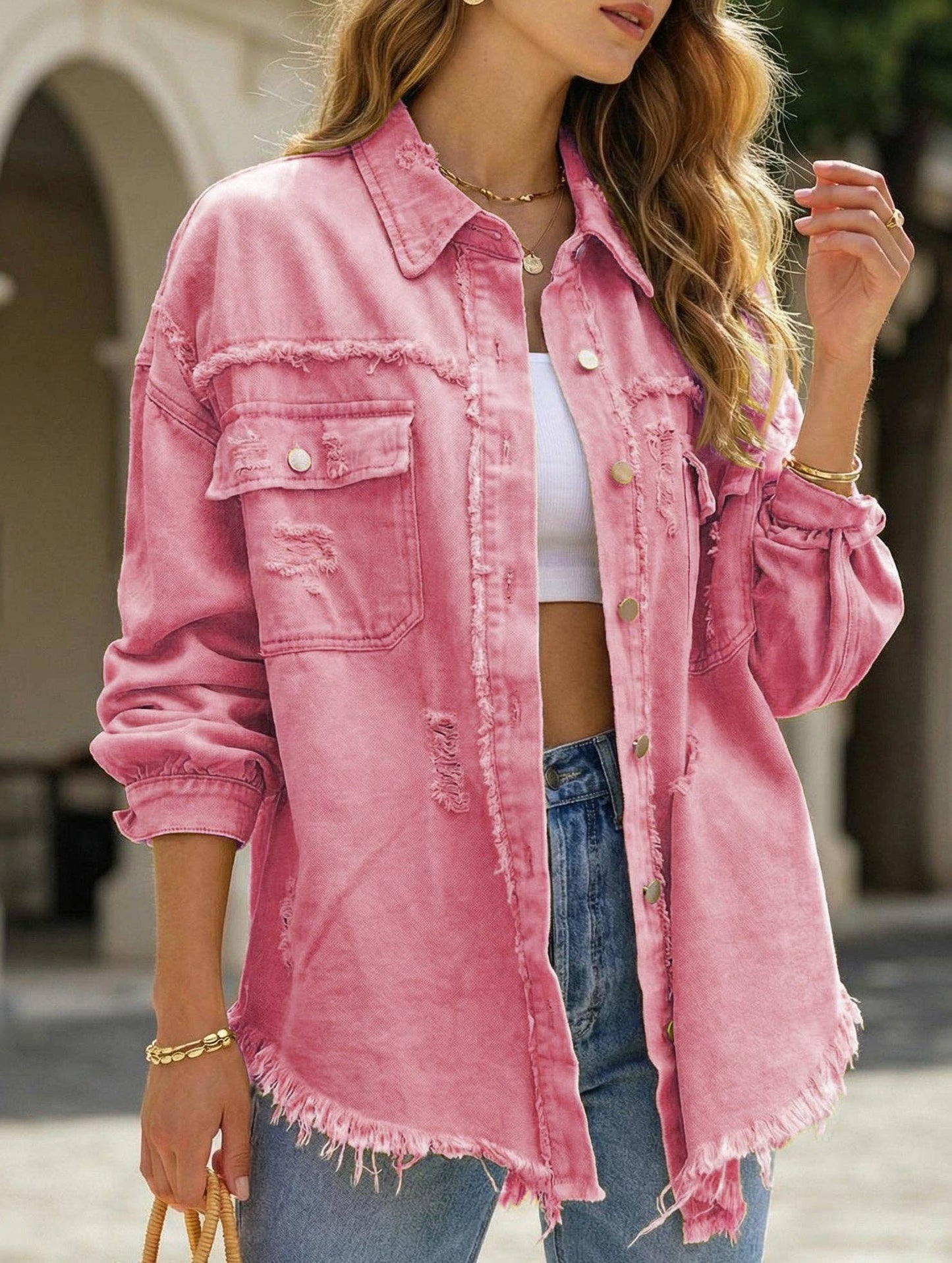 Denim Coat with Lapel and Ripped Raw Edge
