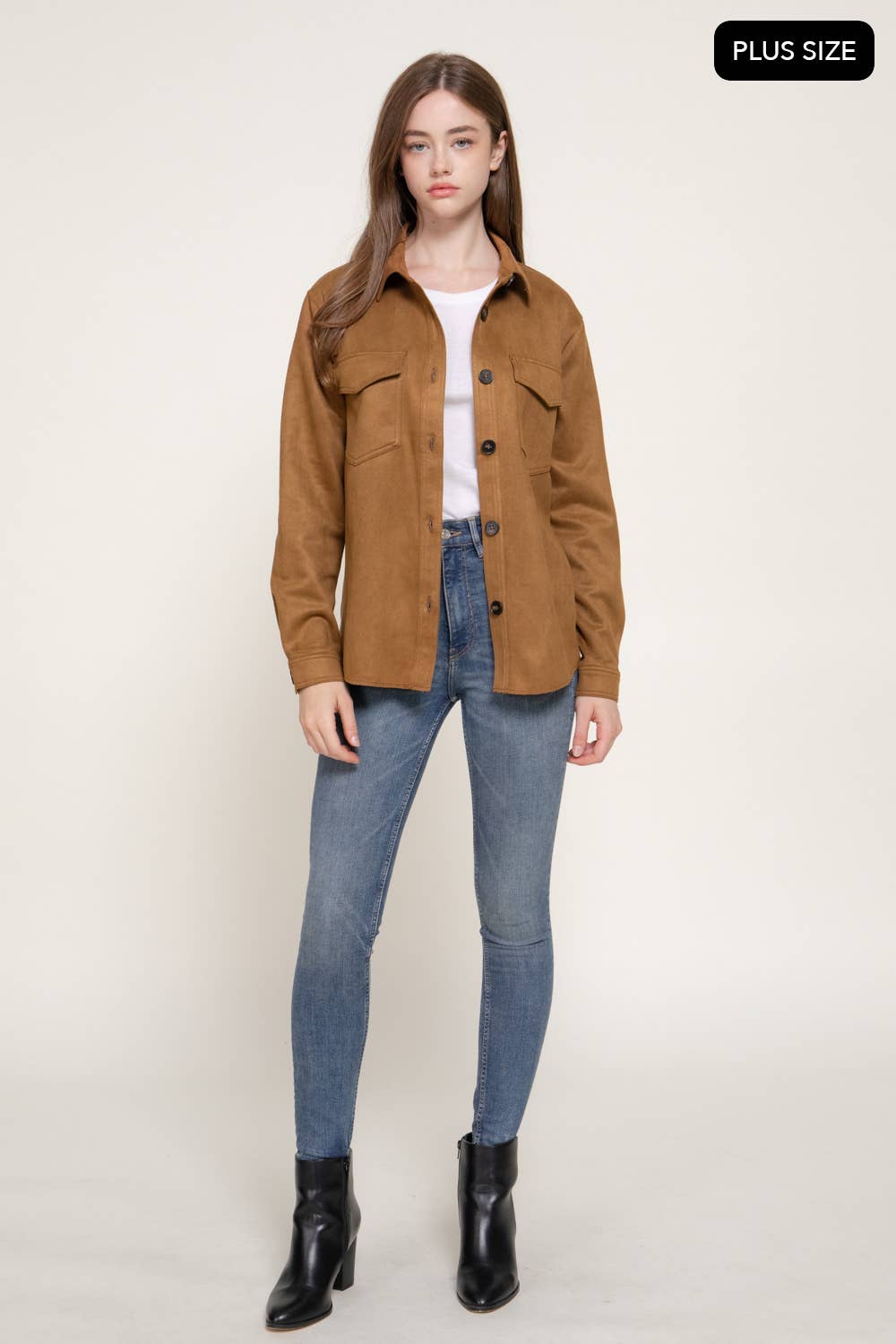 Long Sleeve Loose Fit Faux Suede Shacket (Plus Size)