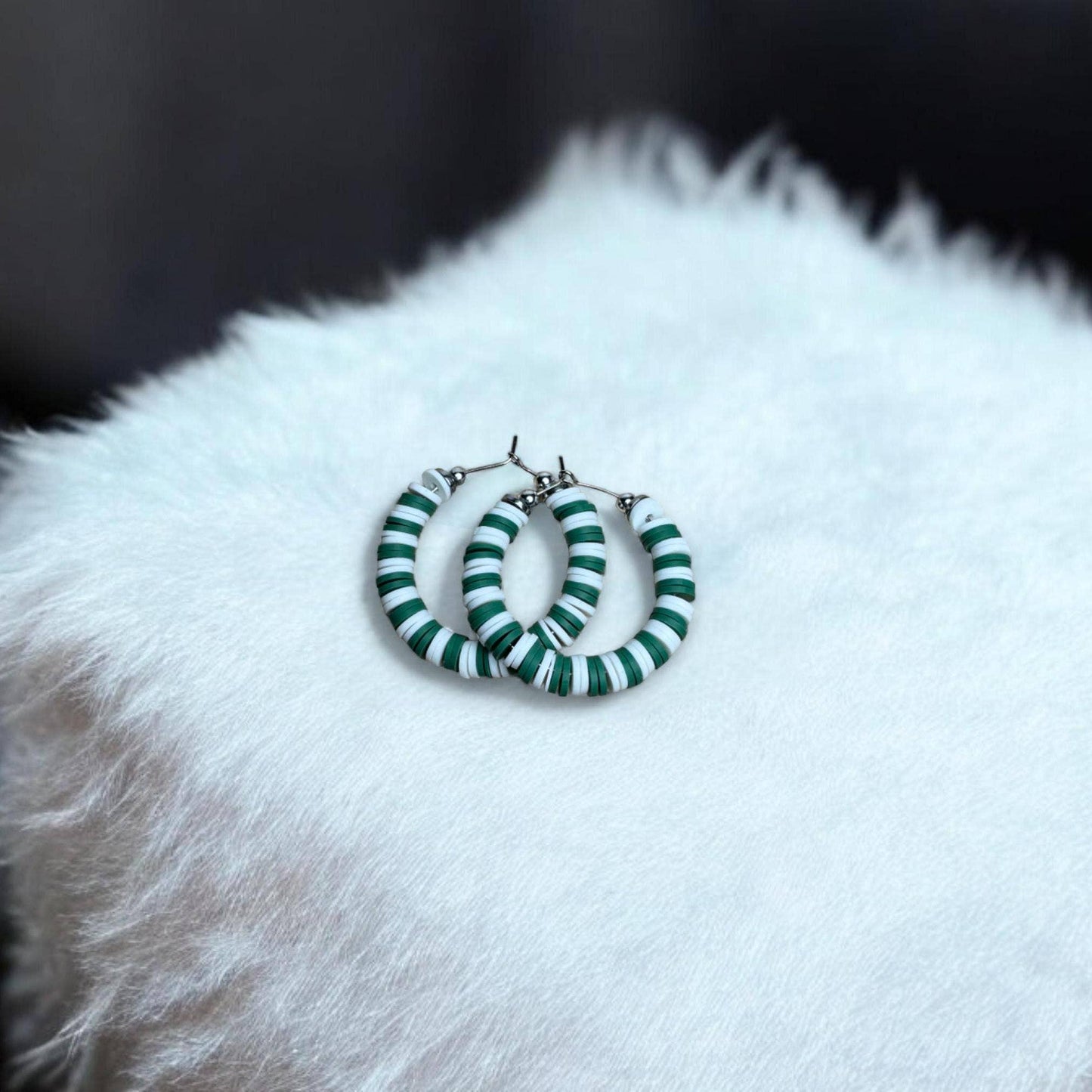 Green and White Game Day Hoop Earrings: 1 Inch / (2 by 2 or 5 by 5)