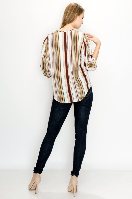 V-neck Colored Stripe Blouse with Puff Sleeves