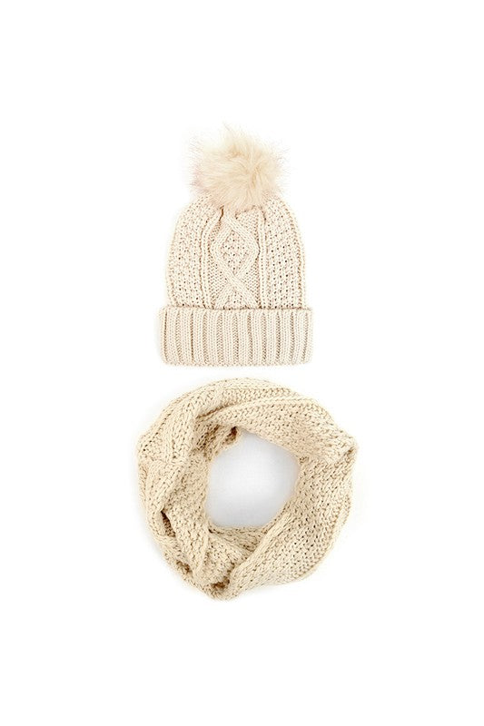 Knit Winter Hat & Infinity Scarf with Pom Set