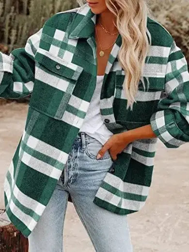 Plaid Button Flannel Shirt Jacket (Green)