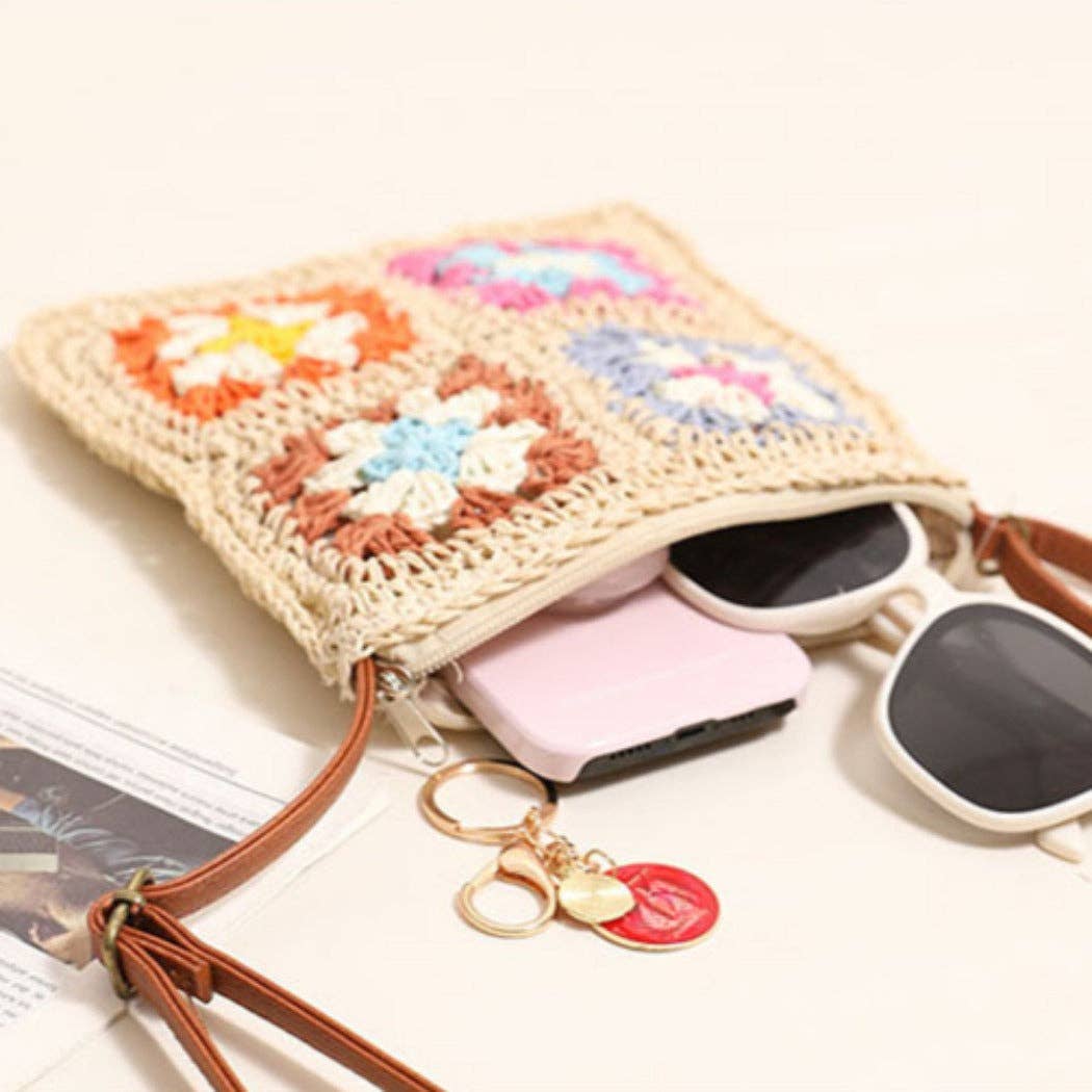 Vintage Square Crochet Flower Crossbody Bag