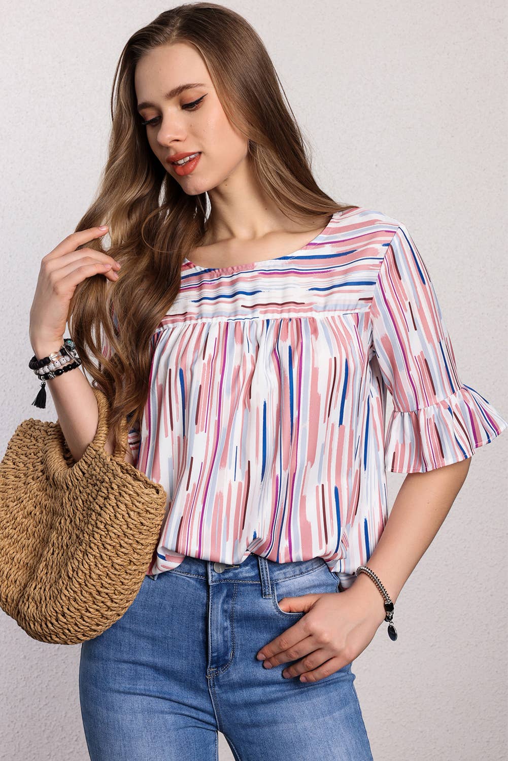 Women Multicolor Striped Ruffle Half Sleeve Blouse