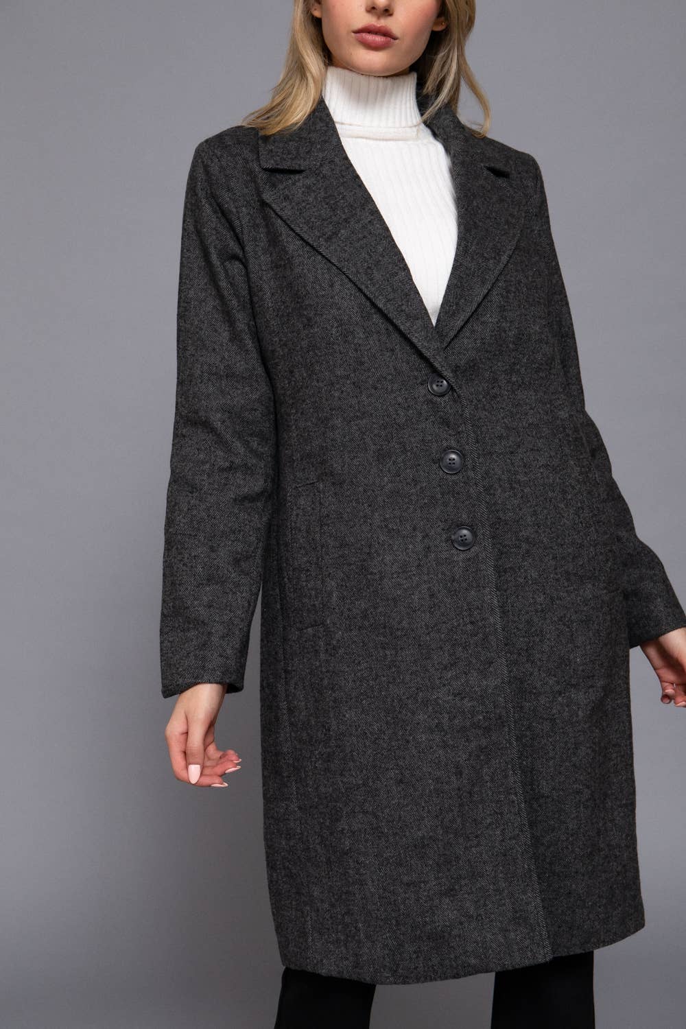 Herringbone Single Breasted Waist Fitted Long Coat