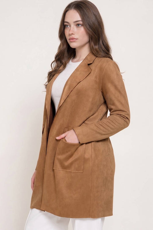 Long Sleeve Open Front Faux Suede Jacket (Plus Size)