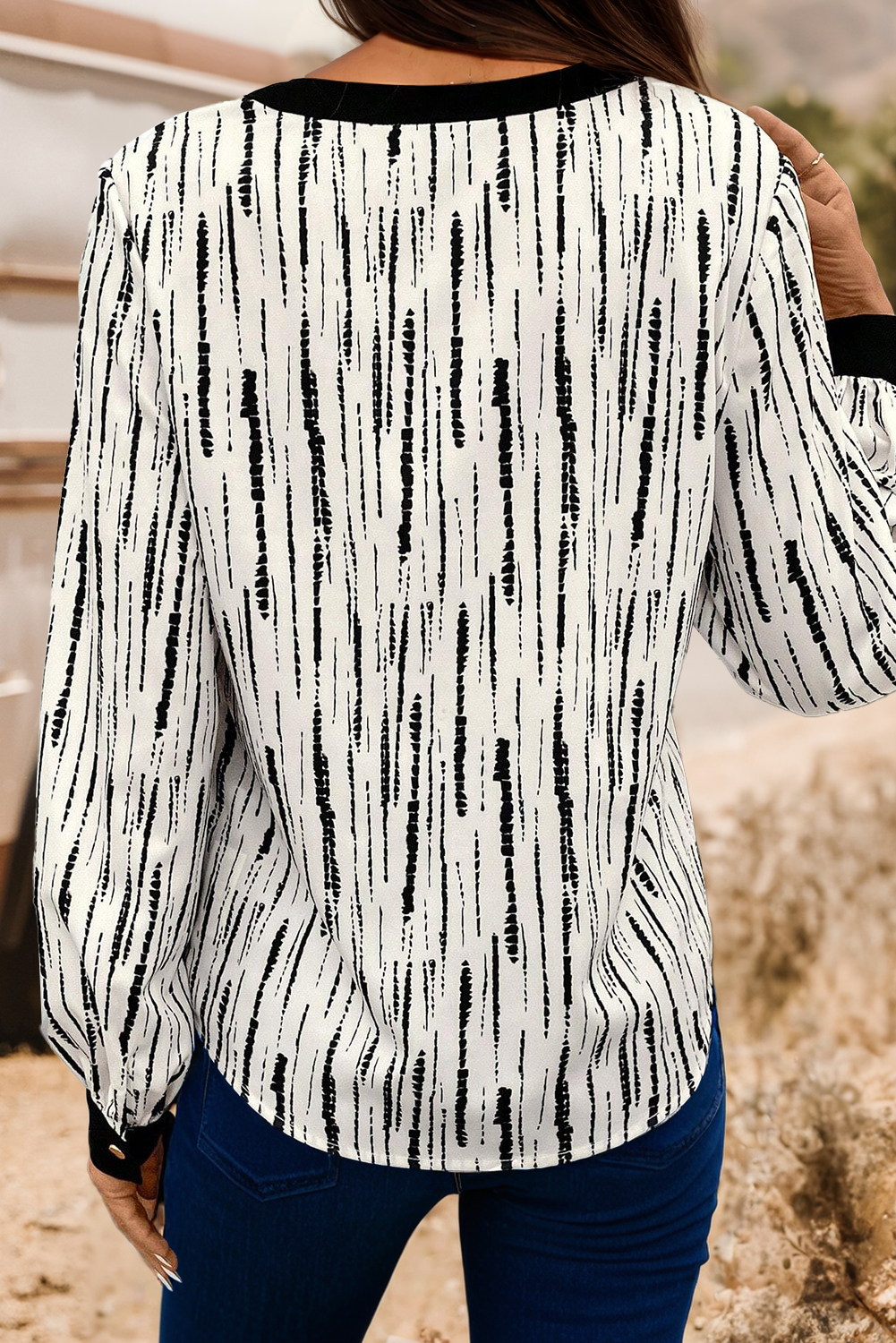 Abstract V-neck Long Sleeve Blouse