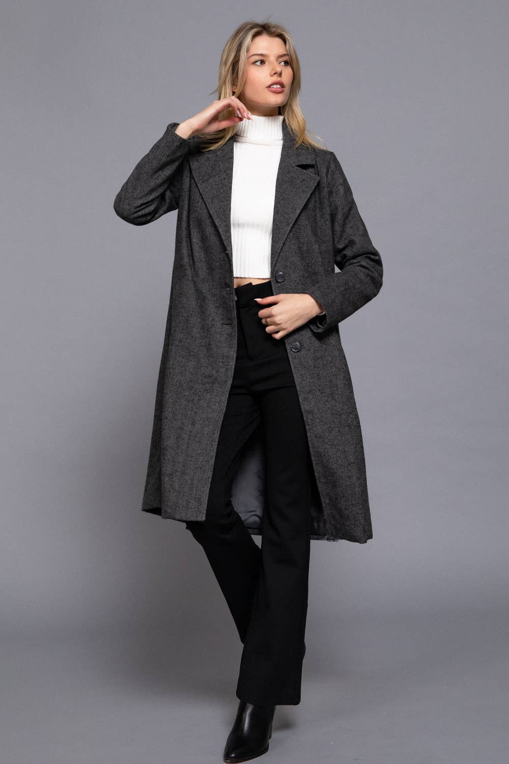 Herringbone Single Breasted Waist Fitted Long Coat