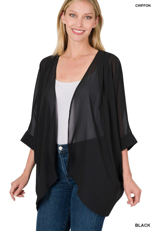 Woven Chiffon Cardigan with Shoulder Pleat (Black)