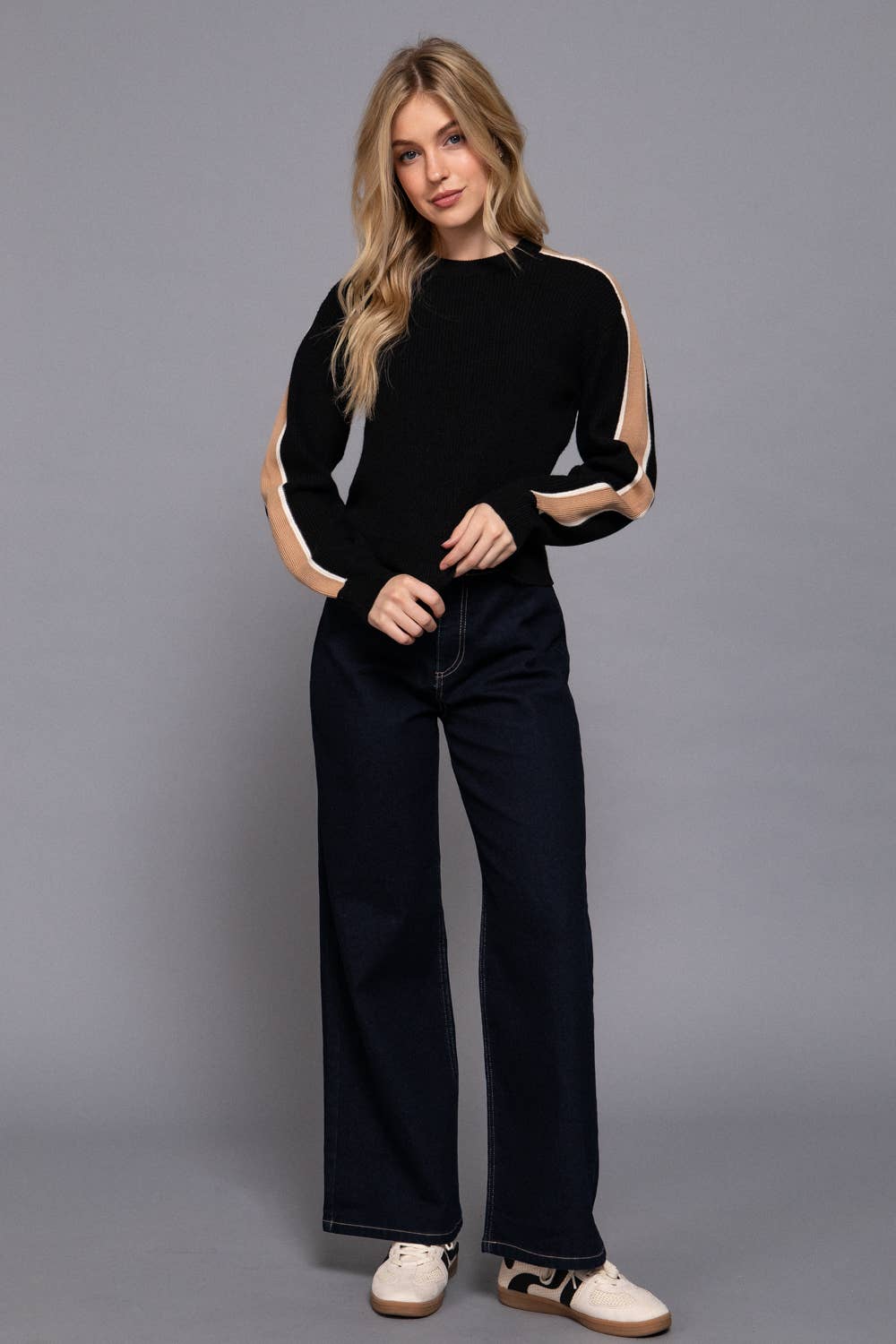 Long Sleeve Round Neck Stripe Detail Sweater