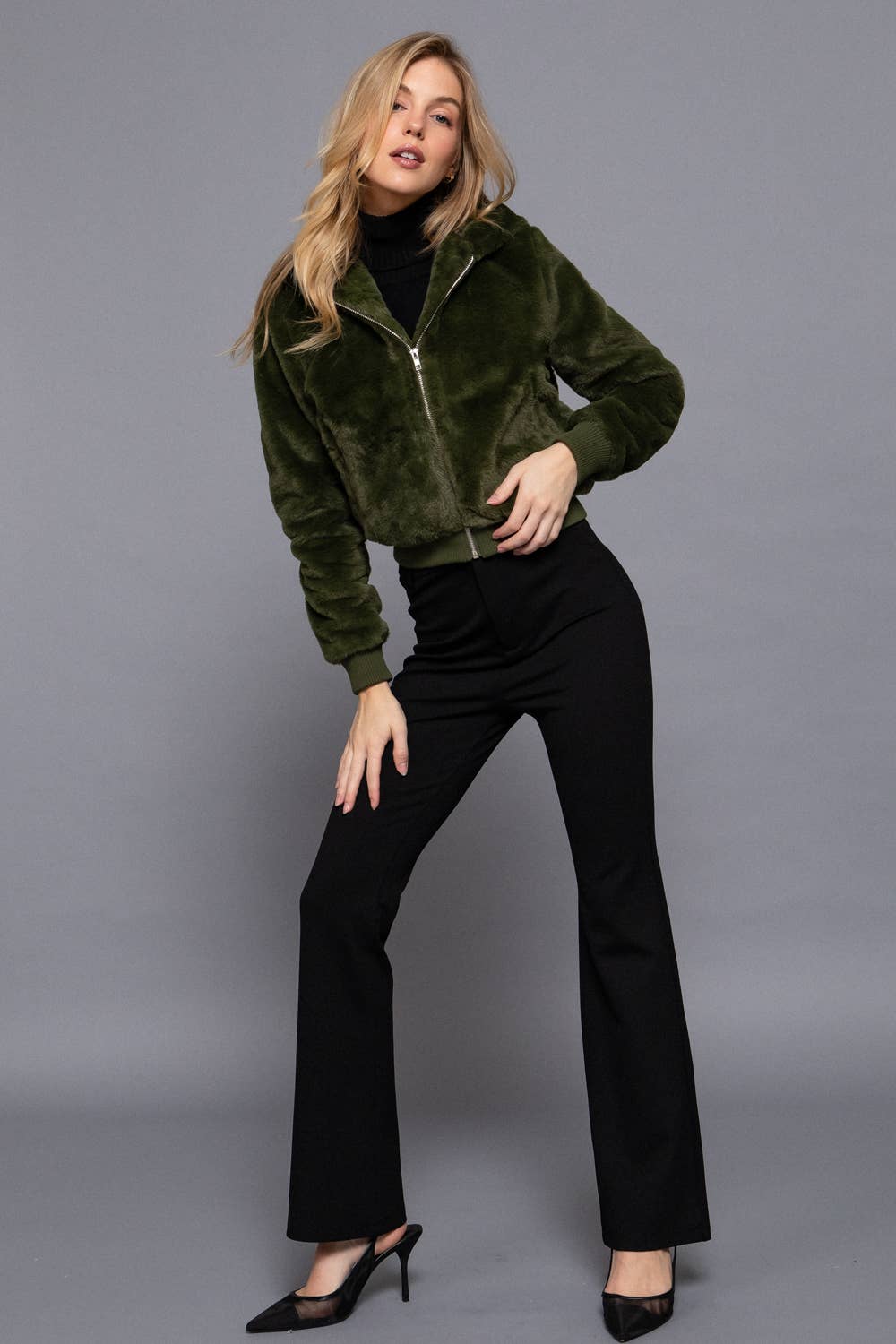 Long Sleeve Zip Up with Hoodie Faux Fur Jacket