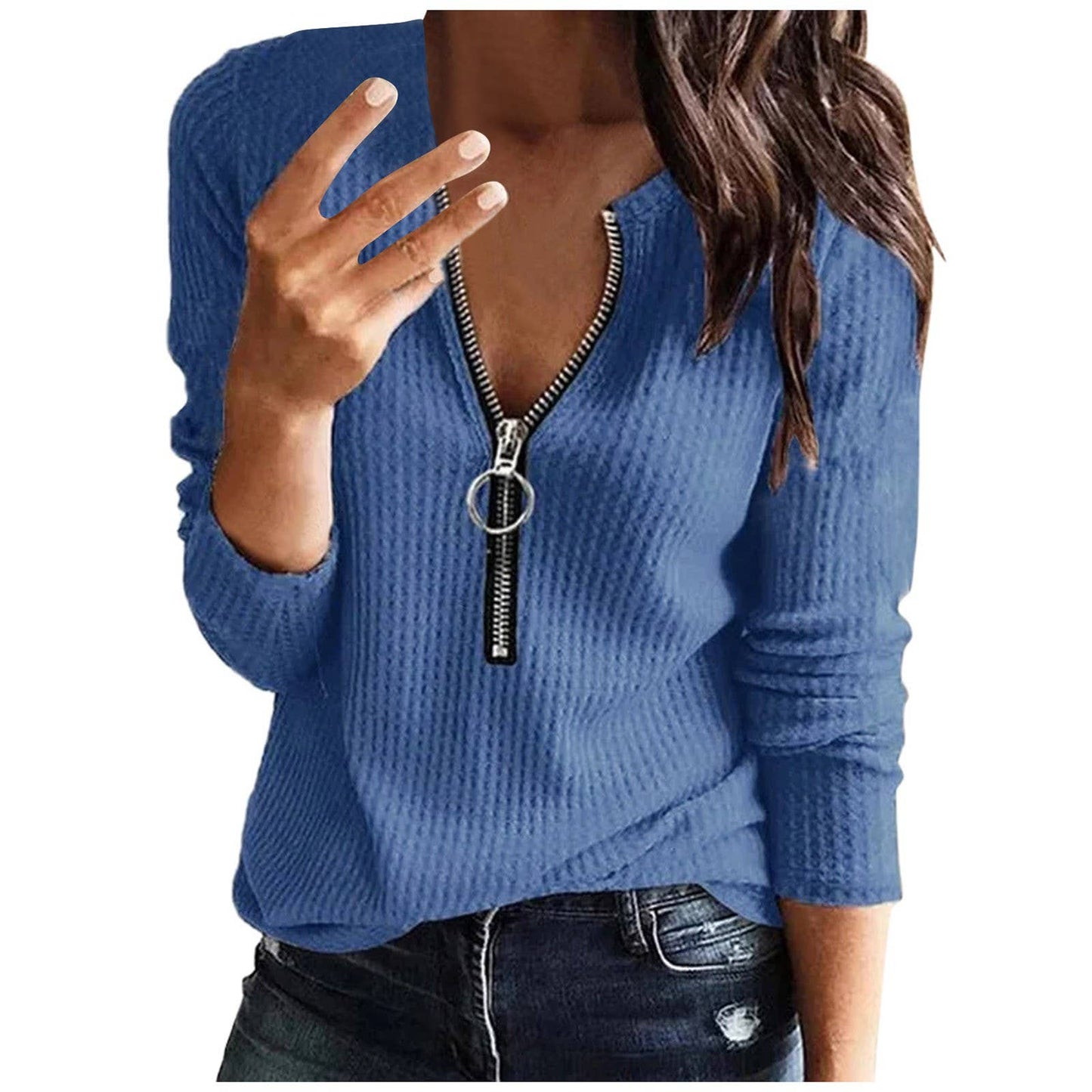 Zip Up Long Sleeve V-neck Pullover Top