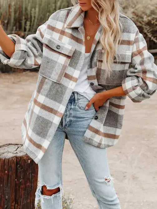 Plaid Button Flannel Shirt Jacket (Green)