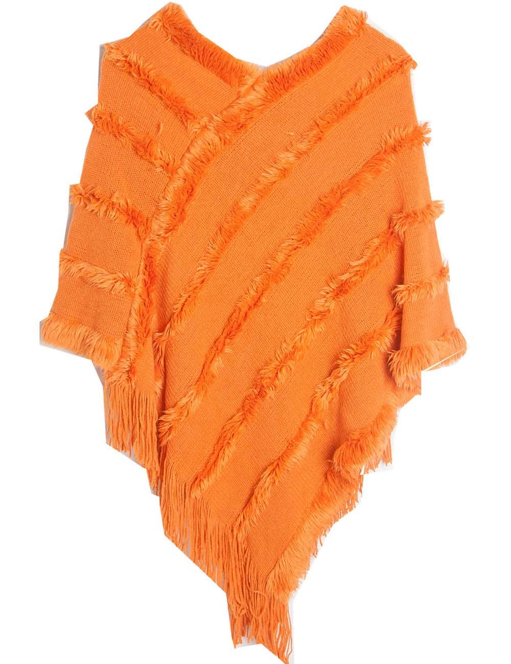 Tassel Trim Shawl with V-Neck and Hood