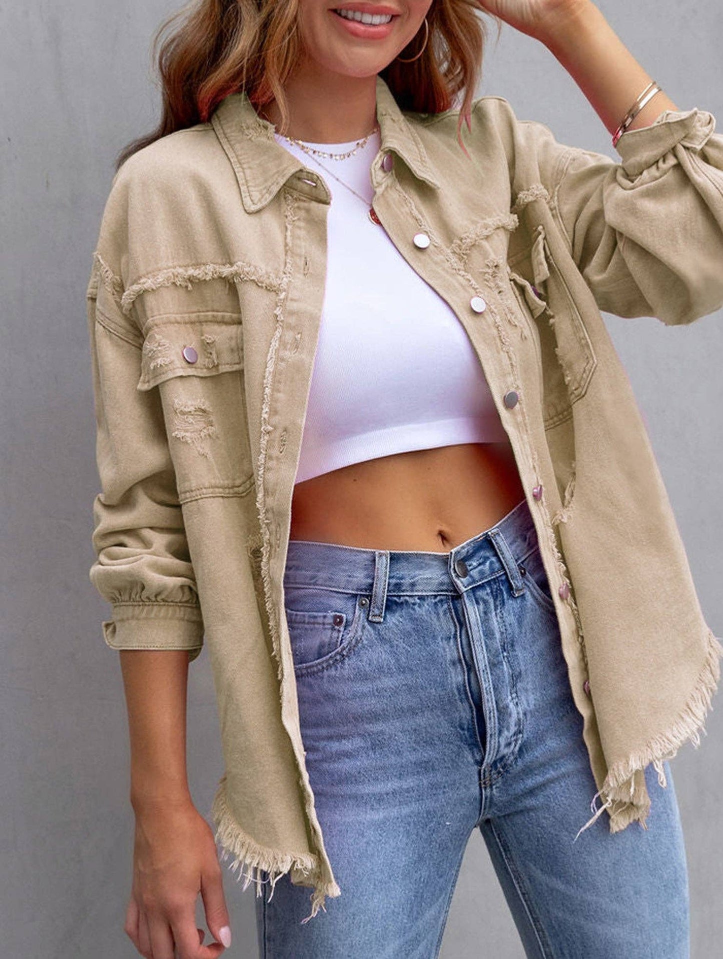 Denim Coat with Lapel and Ripped Raw Edge