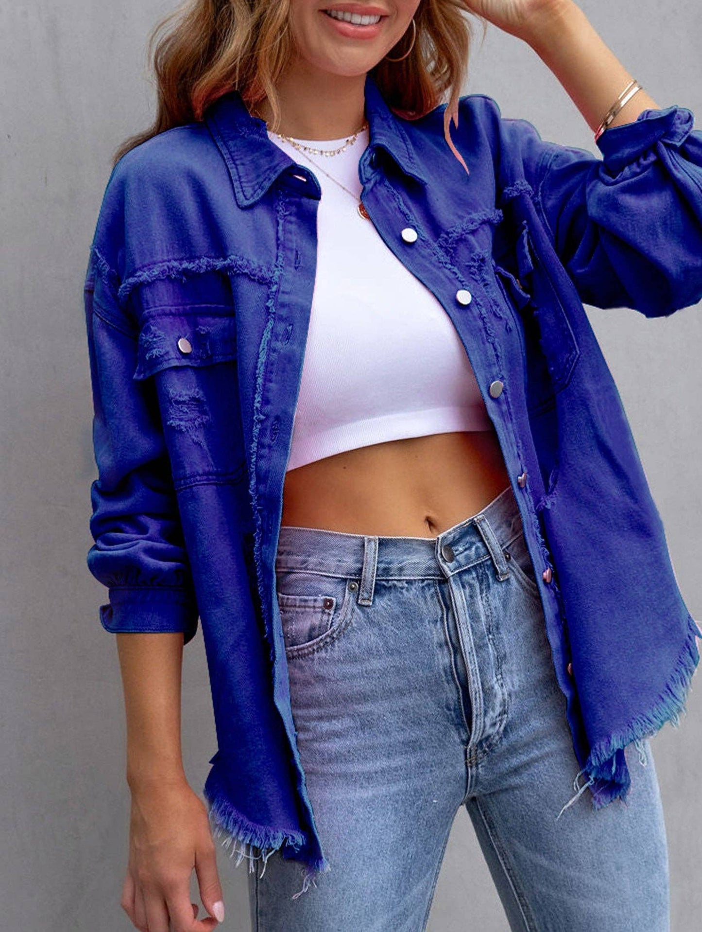 Denim Coat with Lapel and Ripped Raw Edge