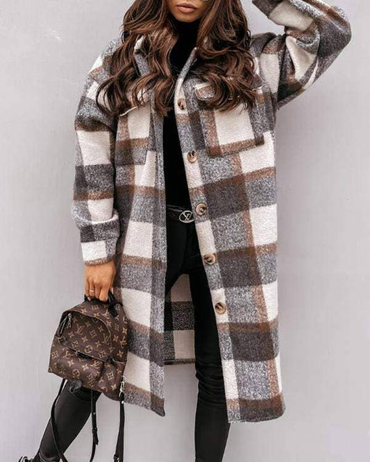 Plaid Long Shacket with Pocket Design