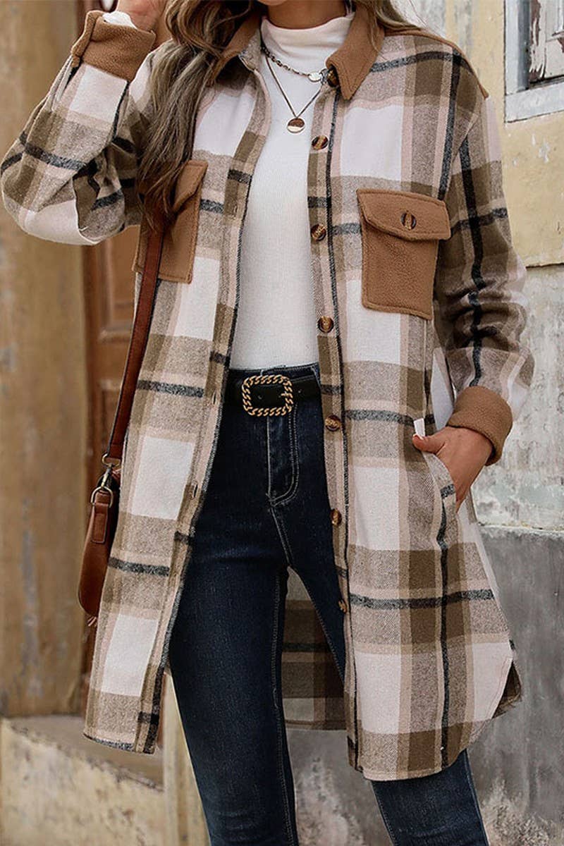 Casual Brushed Plaid Mid-Length Coat