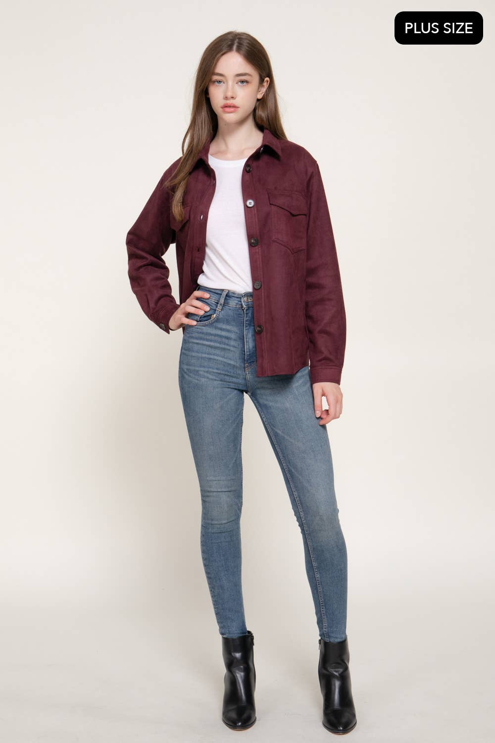 Long Sleeve Loose Fit Faux Suede Shacket (Plus Size)