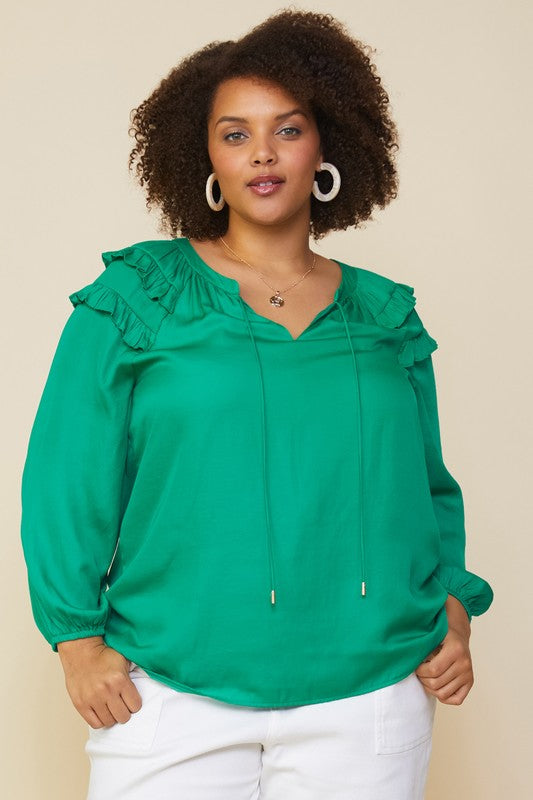 Plus Size Long Sleeve Split Neck Ruffled Blouse