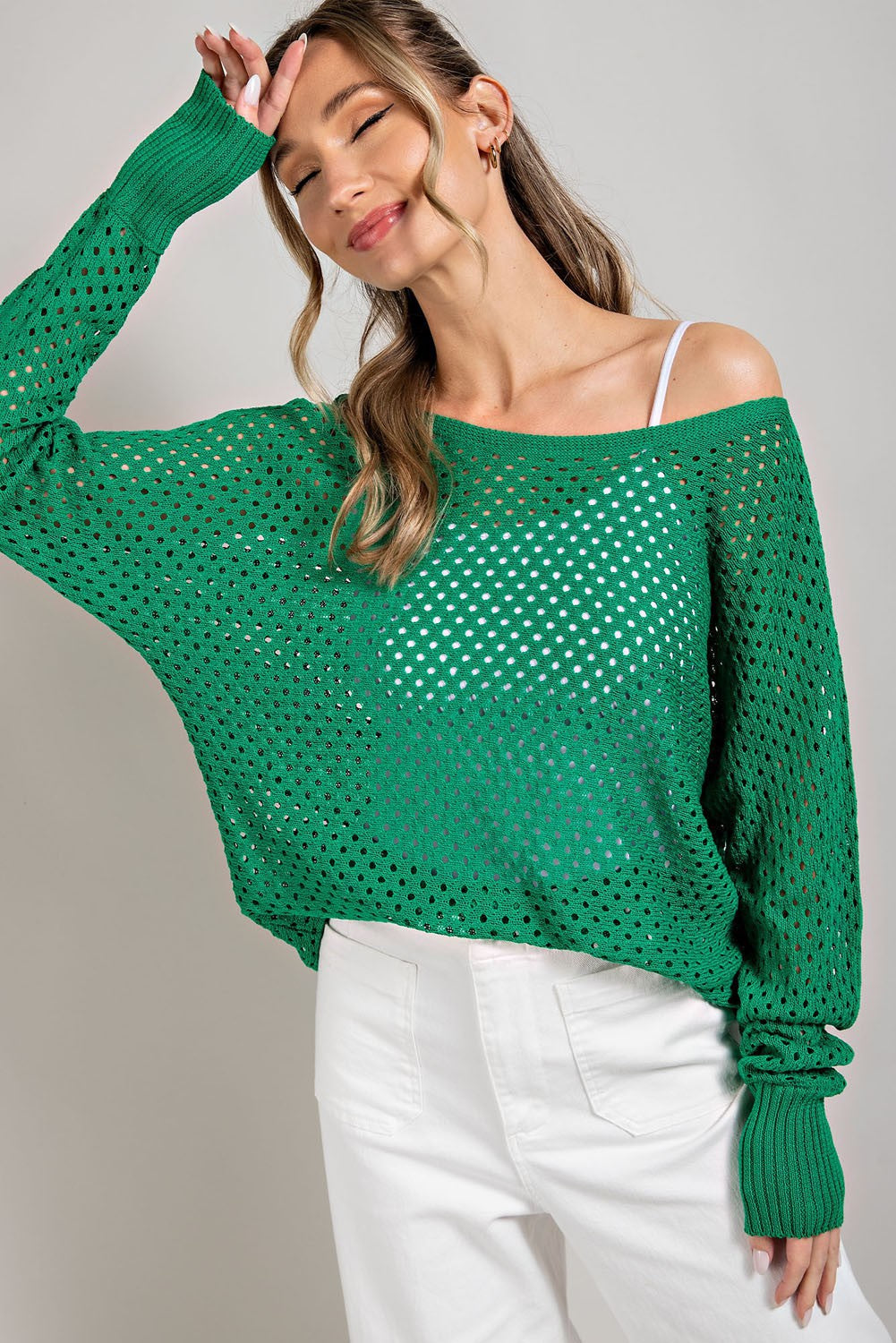 Eyelet Knit Sweater Top (Kelly Green)