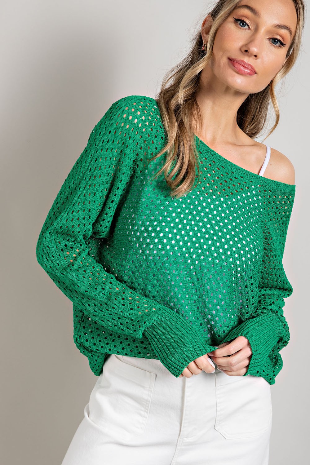 Eyelet Knit Sweater Top (Kelly Green)